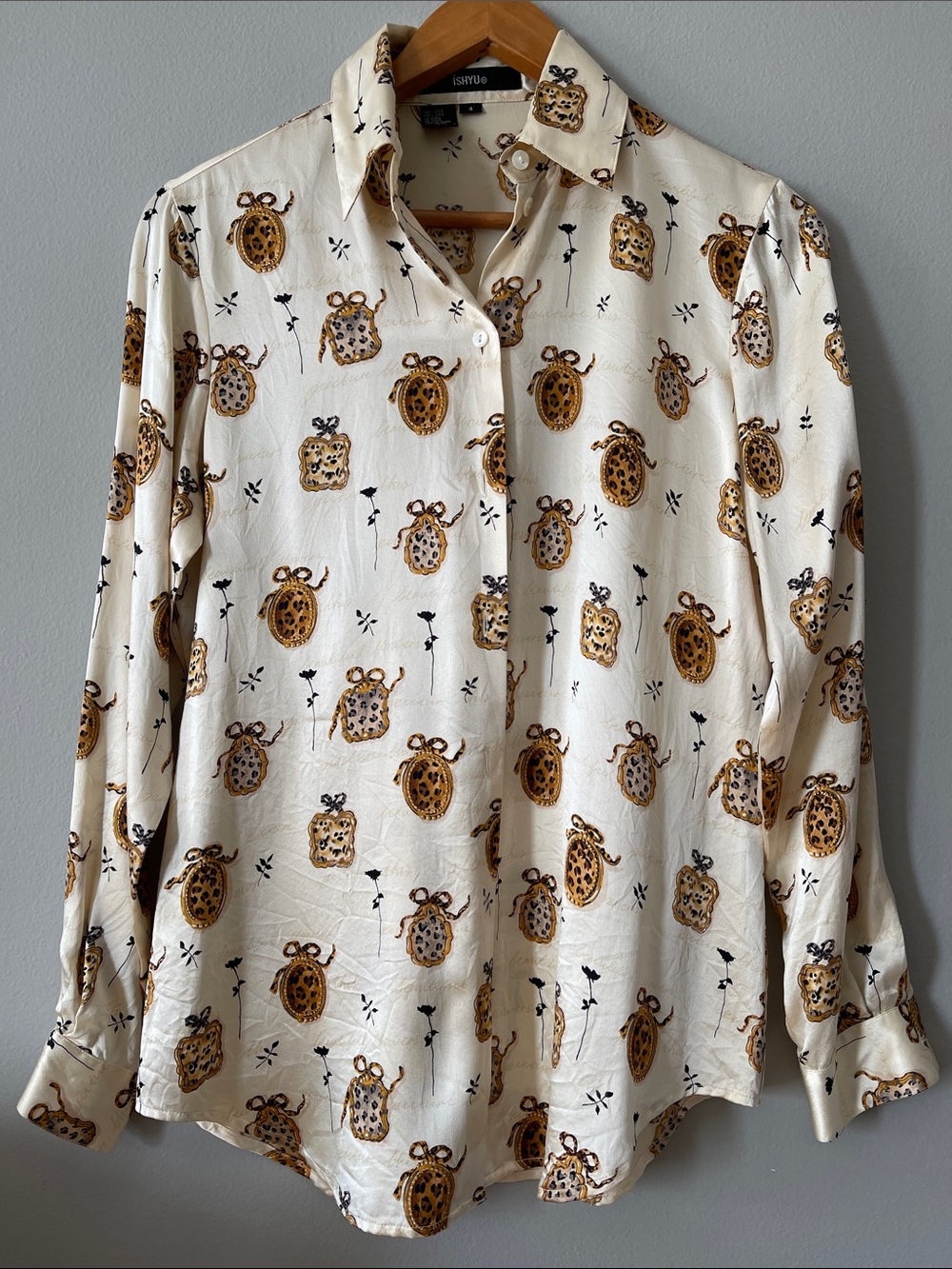 SILK Vintage Cream Printed Button-Up Blouse with camel/ brown frames Motif